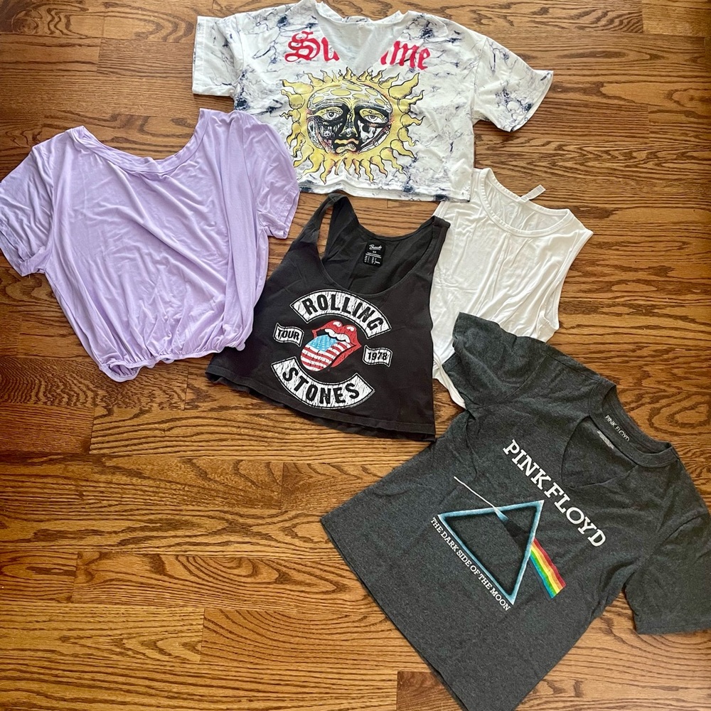 5 Tops, size small. Pink Floyd, Rolling Stones, Yoga Top, Crops